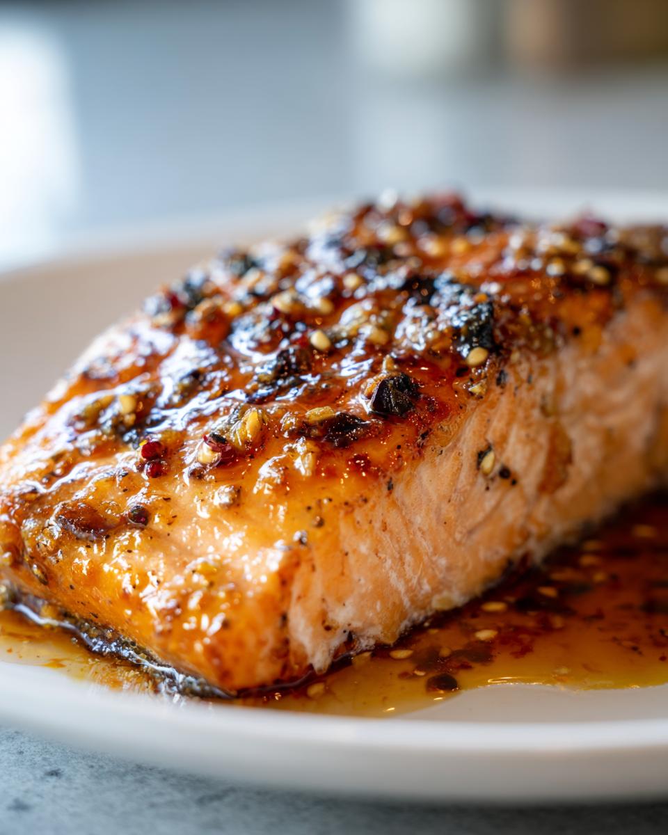 Close-up of a perfectly cooked salmon fillet coated in a shiny honey garlic butter glaze with sesame seeds.