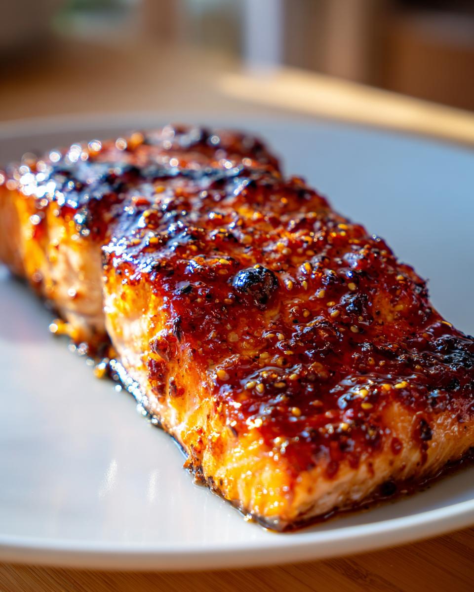 Close-up of a perfectly cooked salmon fillet topped with a thick, shiny honey garlic butter glaze and sesame seeds.