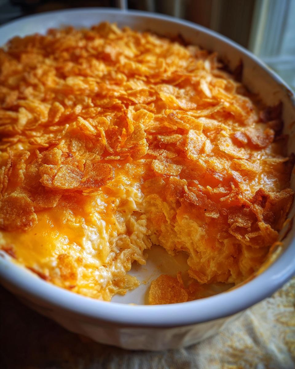 Close-up of a baked hot chicken salad casserole with a thick, crunchy, golden cornflake topping.