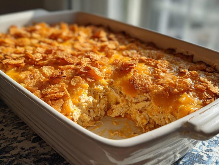 A creamy, baked hot chicken salad casserole in a white dish topped with melted cheddar cheese and crunchy cornflakes.