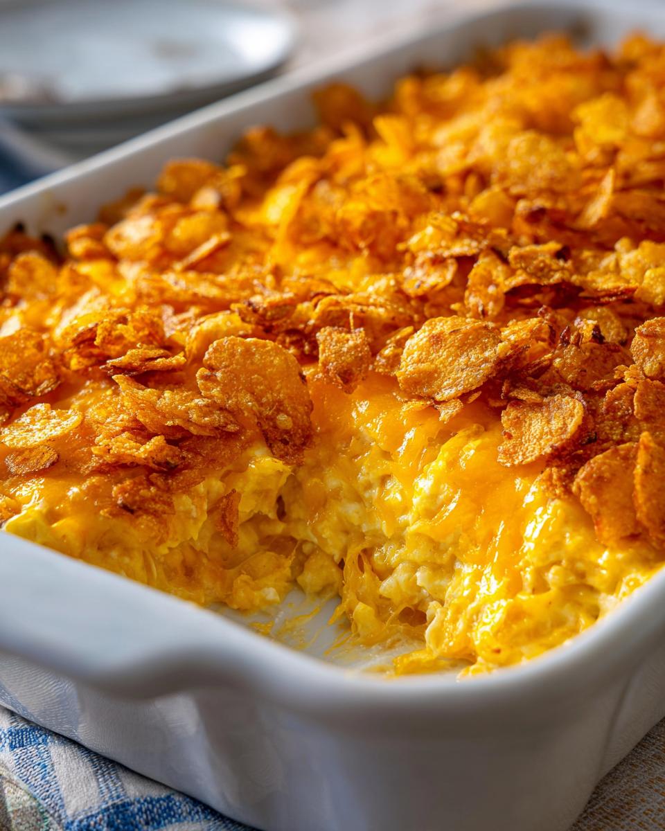 A scoop has been taken out of a creamy, cheesy hot chicken salad casserole topped with golden, crunchy cornflakes.