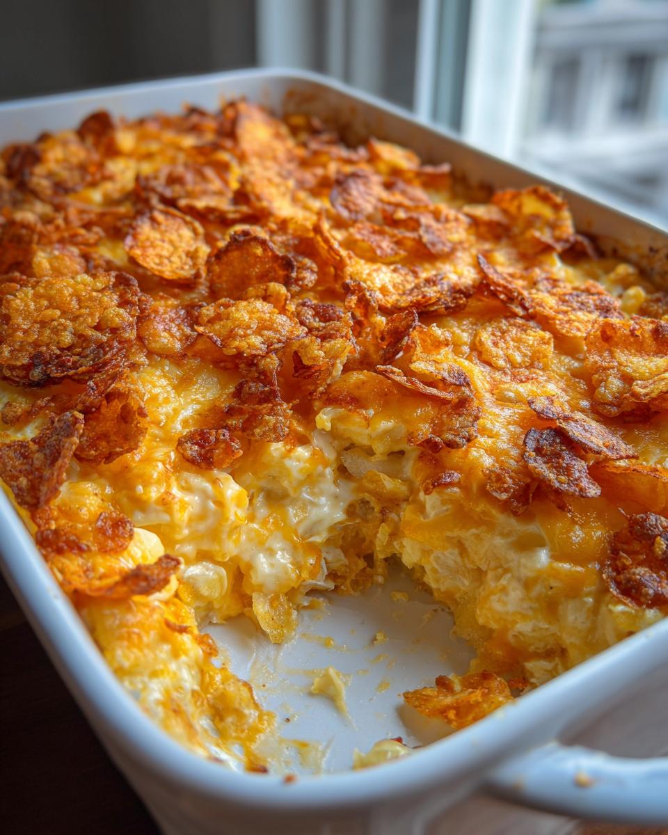 A creamy hot chicken salad casserole with a golden, crunchy topping of melted cheese and crushed chips.