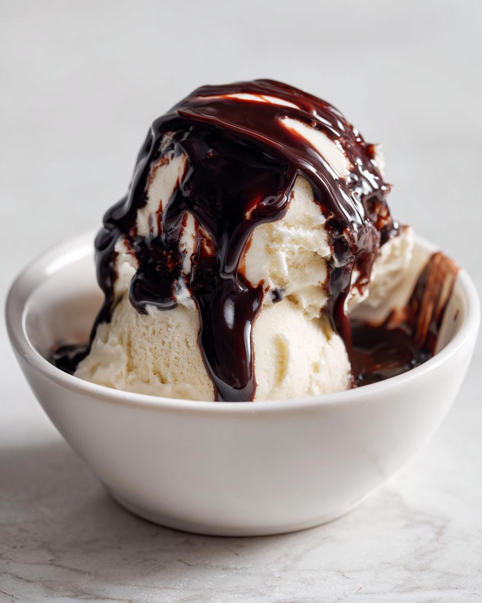 Two scoops of vanilla ice cream in a white bowl generously covered with thick, homemade chocolate syrup.