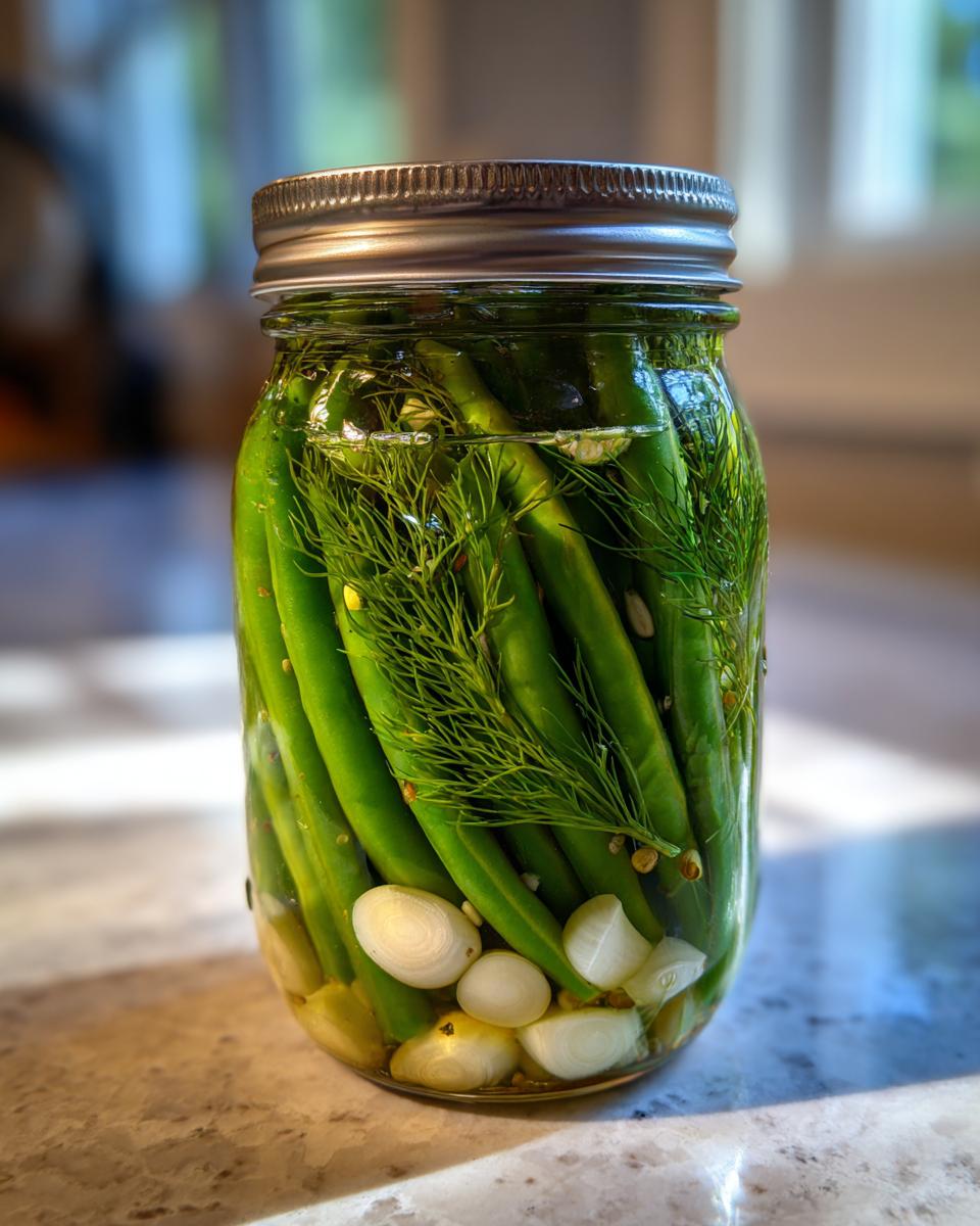 A clear glass jar filled with fresh green beans, dill sprigs, and sliced garlic cloves for making dilly beans.
