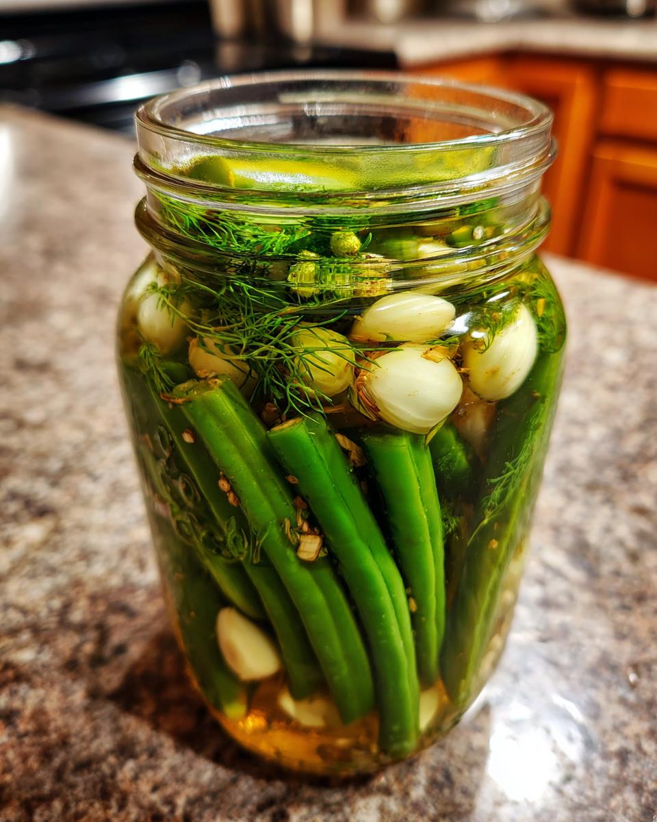 Close-up of a glass jar filled with fresh green beans, whole garlic cloves, and dill for making dilly beans.