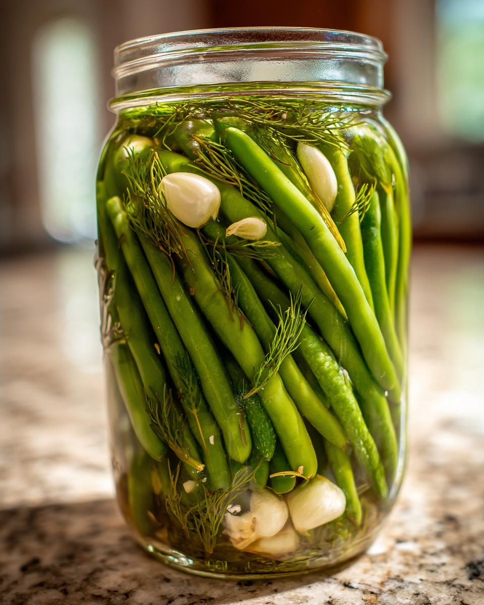 Close-up of a glass jar filled with fresh green beans, garlic cloves, and dill fronds for making dilly beans.