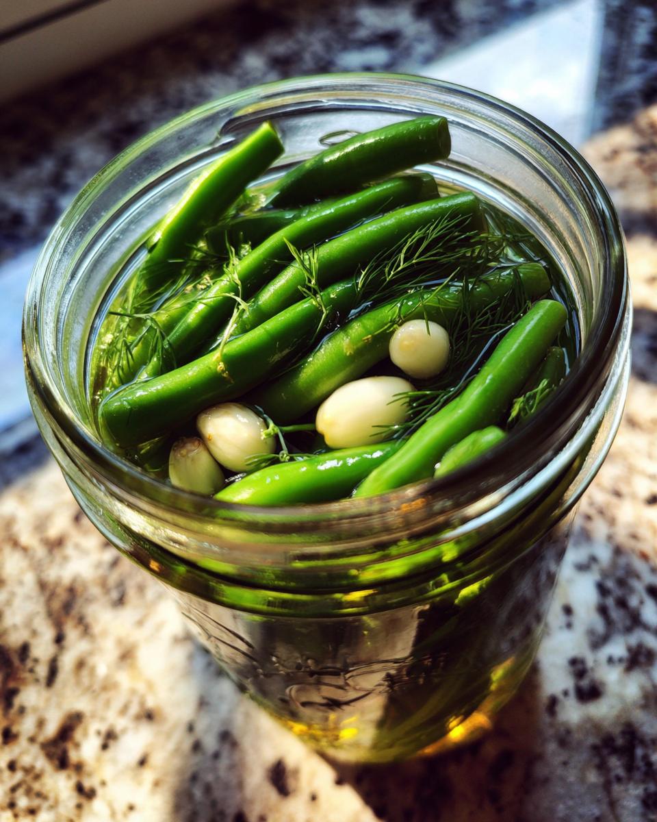 Close-up of fresh green beans, garlic cloves, and dill fronds packed tightly in a glass jar for making dilly beans.