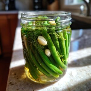 A clear glass jar filled with fresh green beans, dill sprigs, and whole garlic cloves for making dilly beans.