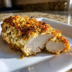 A cross-section view showing the moist interior of baked ranch chicken with a golden, herby crust.