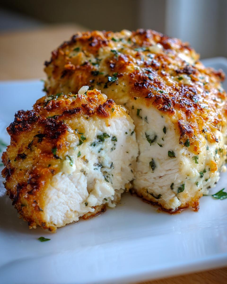 Close-up of juicy baked ranch chicken cut in half, revealing moist white meat and creamy ranch filling.