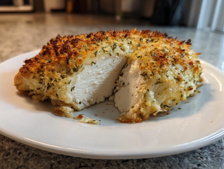 Cross-section of juicy baked ranch chicken showing the white interior and crispy, herbed topping.