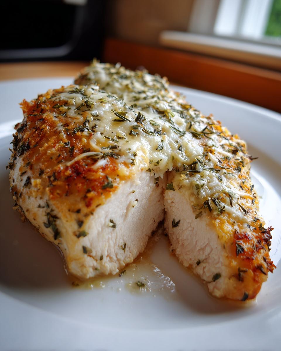 Close-up of juicy baked ranch chicken breast, cut open to show moist white meat topped with melted cheese and herbs.