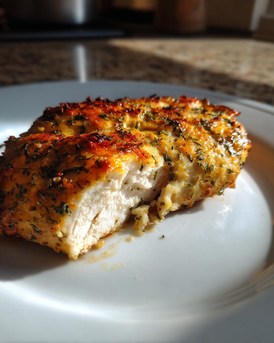 Close-up of a juicy baked ranch chicken breast, showing the white interior and seasoned, golden-brown crust.