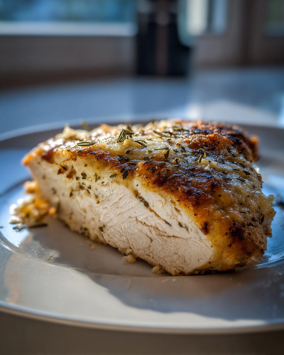 Cross-section of juicy baked ranch chicken breast with a golden, herbed topping on a white plate.