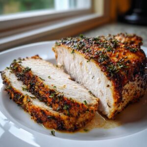 Close-up of moist, sliced slow cooker turkey breast coated in herbs and spices, resting on a white plate.