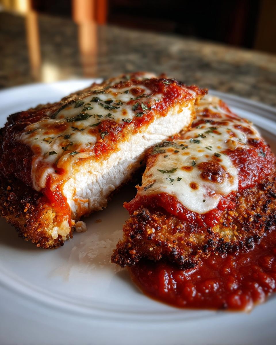 A close-up of keto chicken parmesan, cut in half to show the white chicken breast inside, topped with marinara sauce and melted mozzarella.