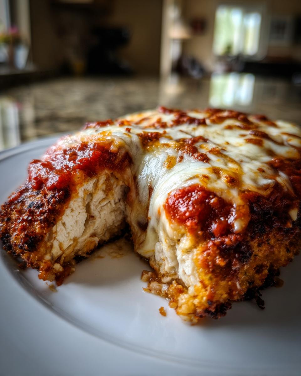 Close-up of a juicy keto chicken parmesan cut in half, showing the white chicken breast topped with red sauce and melted mozzarella cheese.