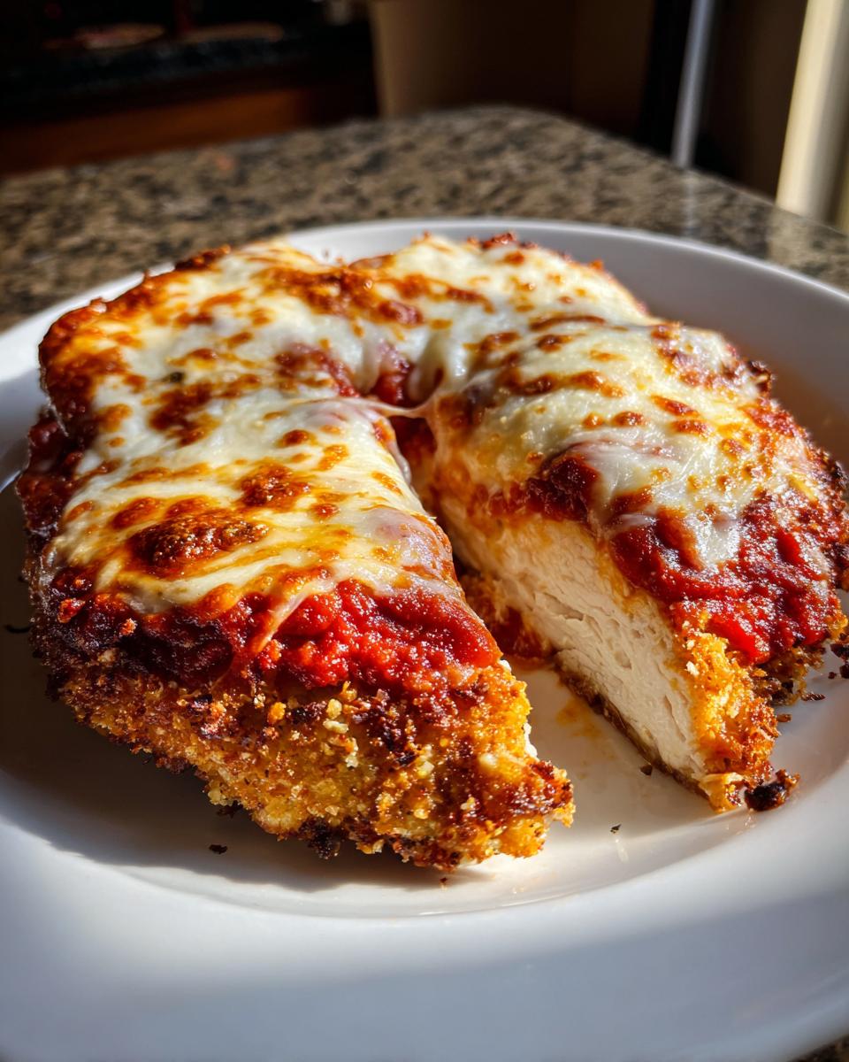 Close-up of keto chicken parmesan, showing the crispy breading, thick chicken breast interior, marinara sauce, and melted mozzarella cheese.