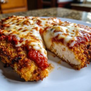 Close-up of keto chicken parmesan cut open, showing juicy white chicken breast topped with marinara sauce and melted mozzarella cheese.