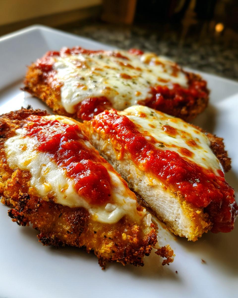 Two slices of crispy keto chicken parmesan topped with melted mozzarella cheese and bright red marinara sauce.