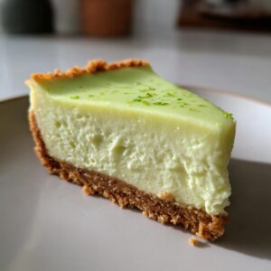 A close-up, tempting slice of key lime cheesecake on a plate, showing a thick graham cracker crust and light green filling topped with lime zest.