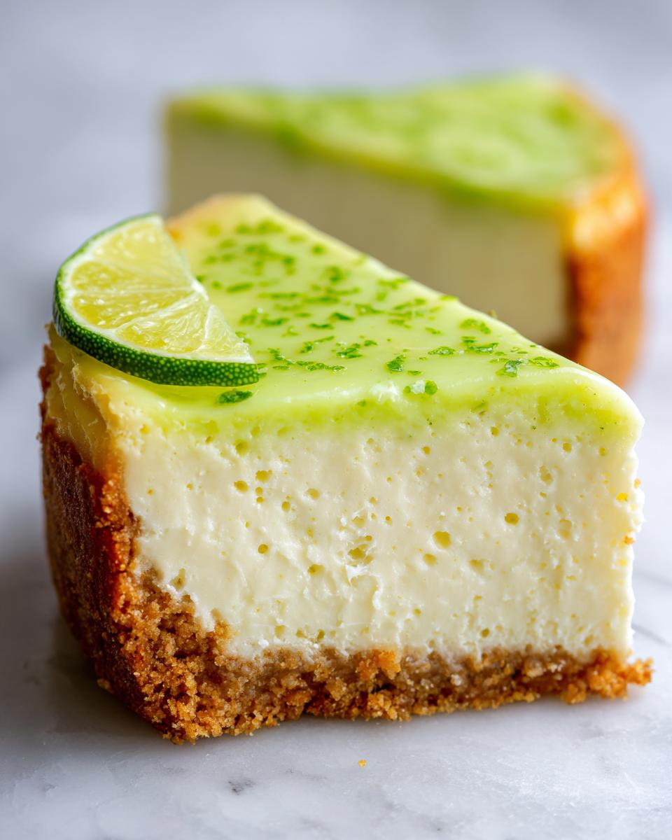 Close-up of a perfect slice of key lime cheesecake showing the graham cracker crust and bright green topping.