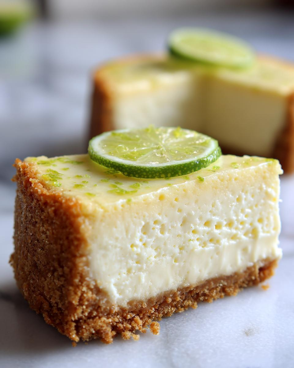 A close-up of a perfect slice of key lime cheesecake with a thick graham cracker crust and a lime slice on top.