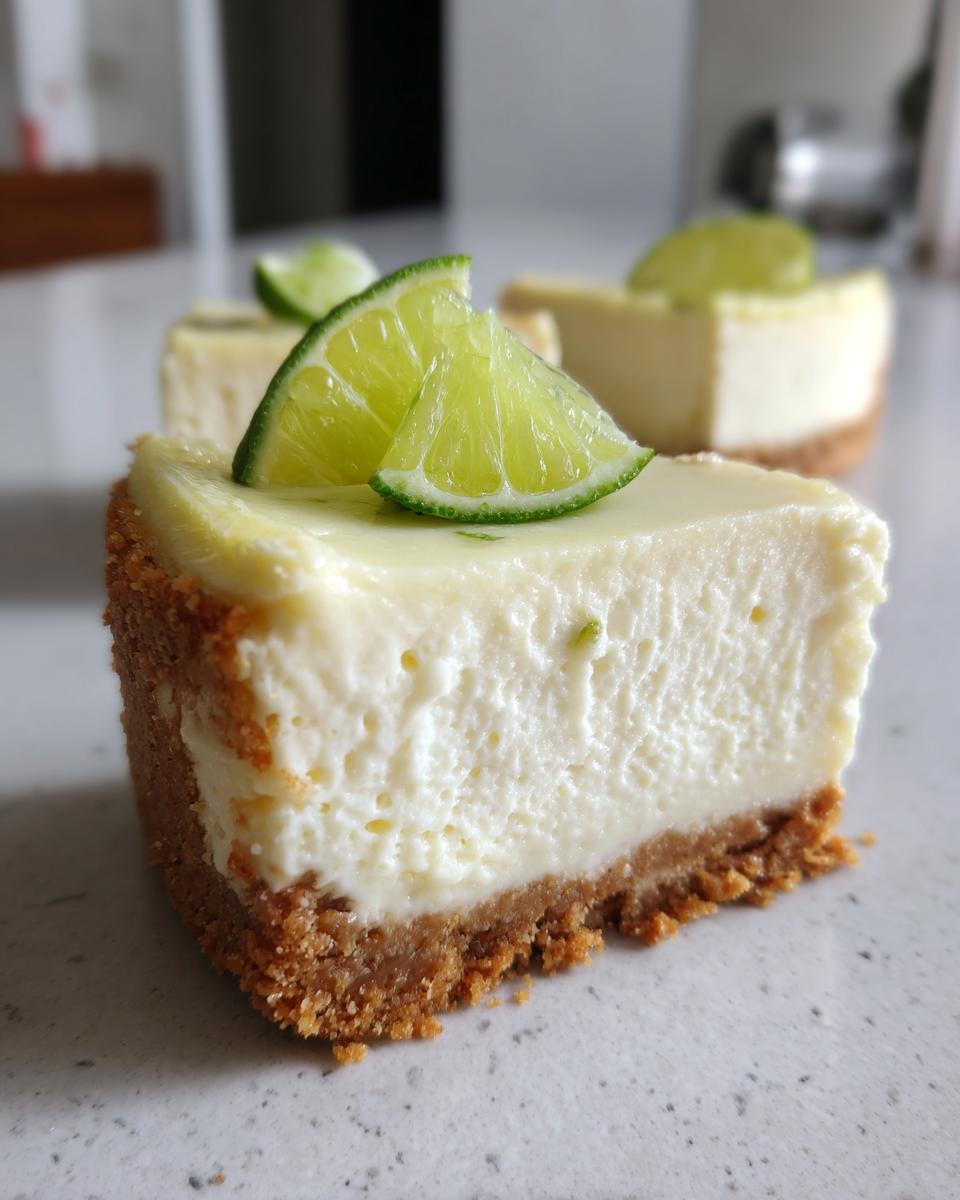 Close-up of a perfect slice of key lime cheesecake with a graham cracker crust, topped with fresh lime wedges.