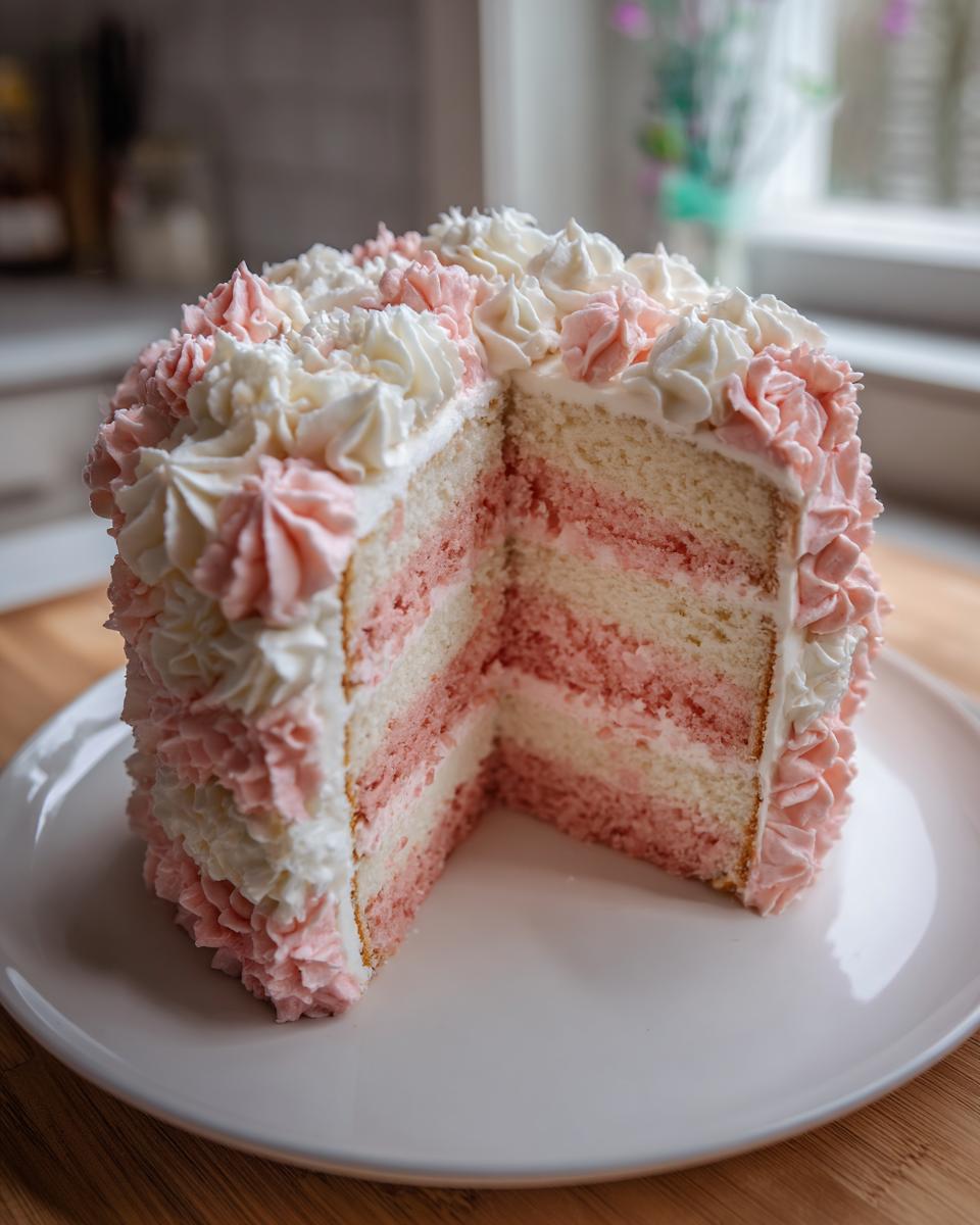 A beautiful cross-section view of a layered rose cake with pink and white frosting piped on the exterior.