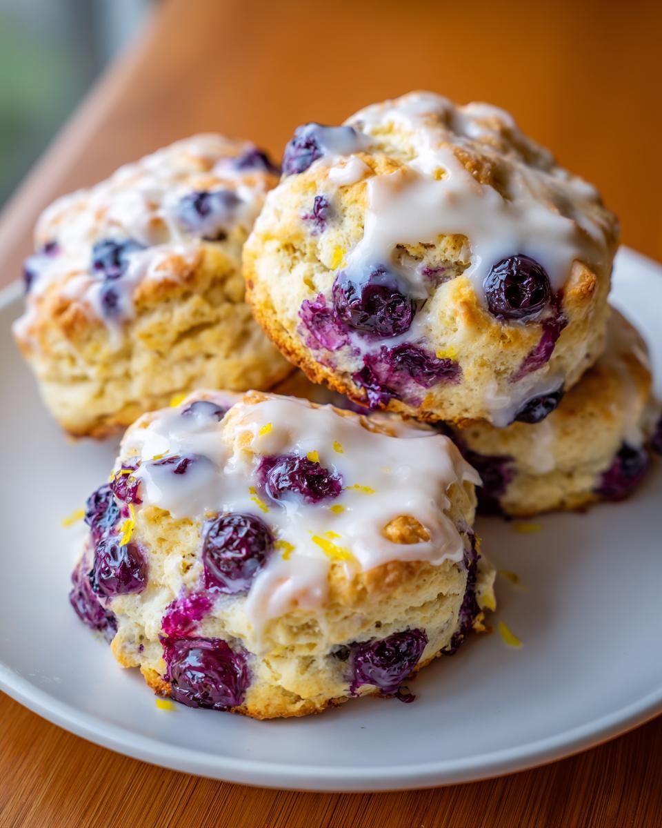 A stack of four delicious lemon blueberry scones topped with a sweet white glaze and lemon zest.