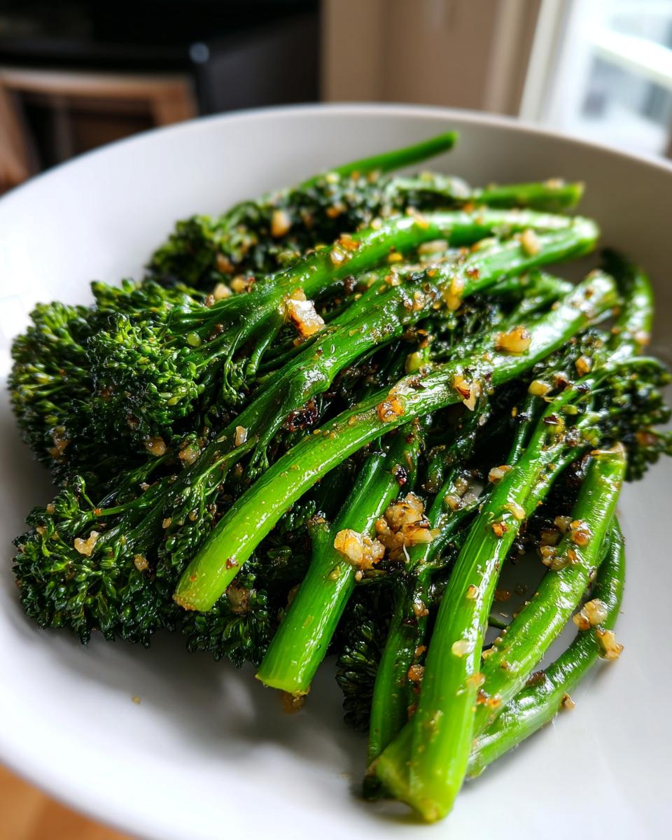Close-up of bright green, cooked broccolini tossed with minced garlic and lemon zest in a white bowl.