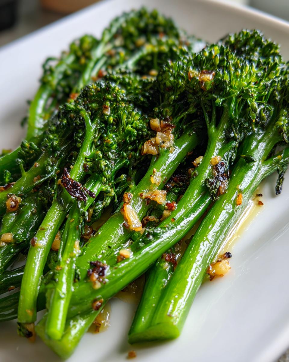 Close-up of bright green, glossy broccolini stalks coated in lemon garlic sauce and served on a white plate.