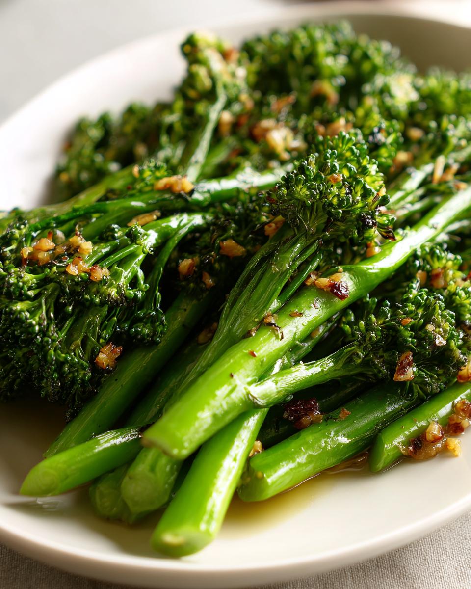 Close-up of bright green, tender broccolini tossed with minced garlic and lemon sauce.