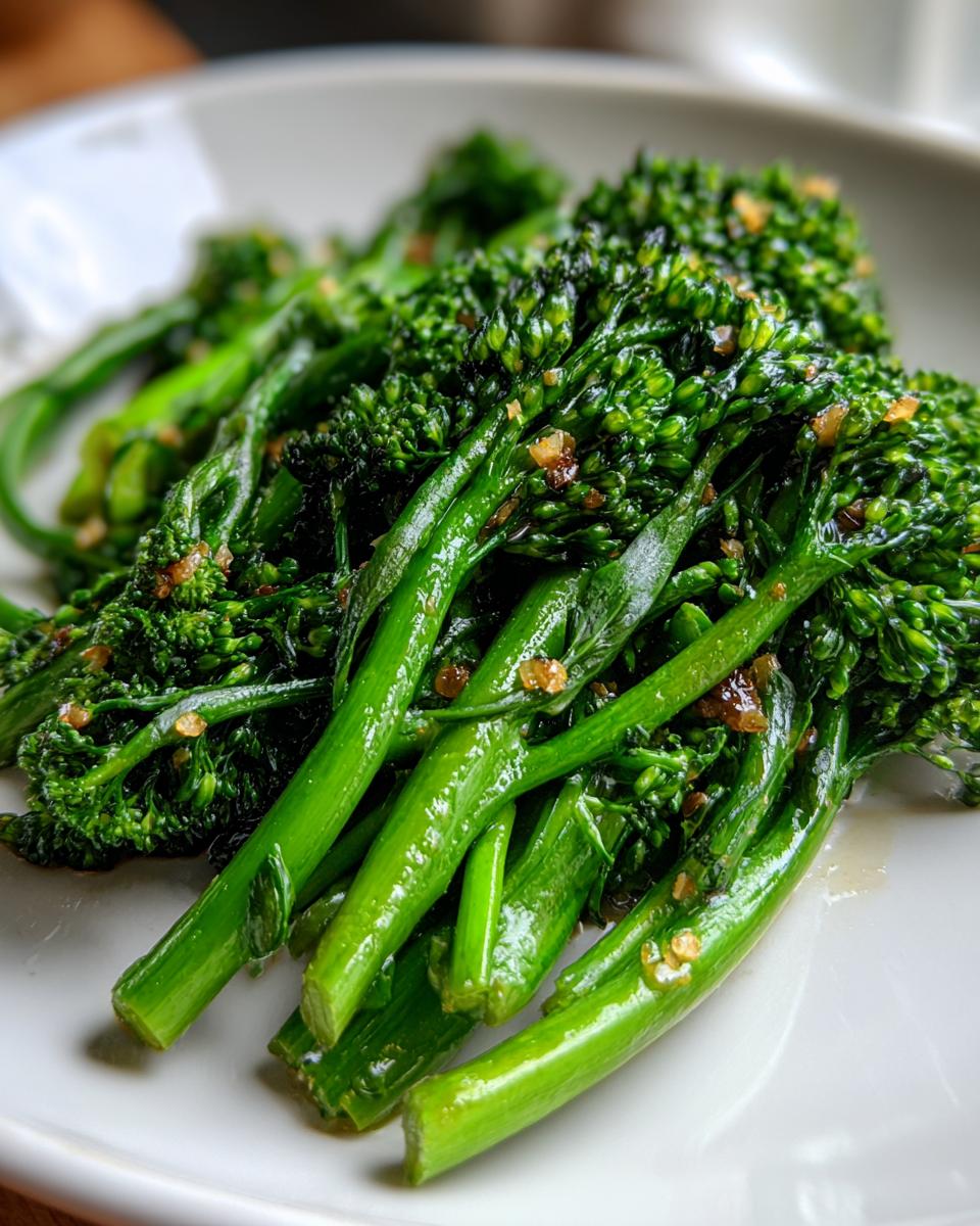 A close-up shot of bright green, sautéed broccolini seasoned with garlic bits, served on a white plate.