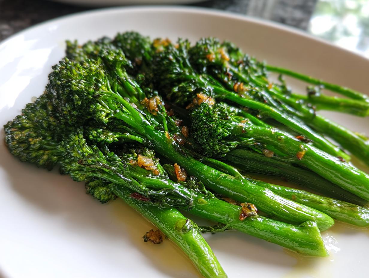 Close-up of vibrant, glossy lemon garlic broccolini stalks seasoned with browned garlic pieces, served on a white plate.