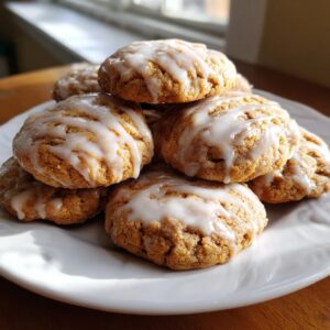 A stack of freshly baked maple brown sugar cookies drizzled with a thick white glaze, sitting on a white plate.