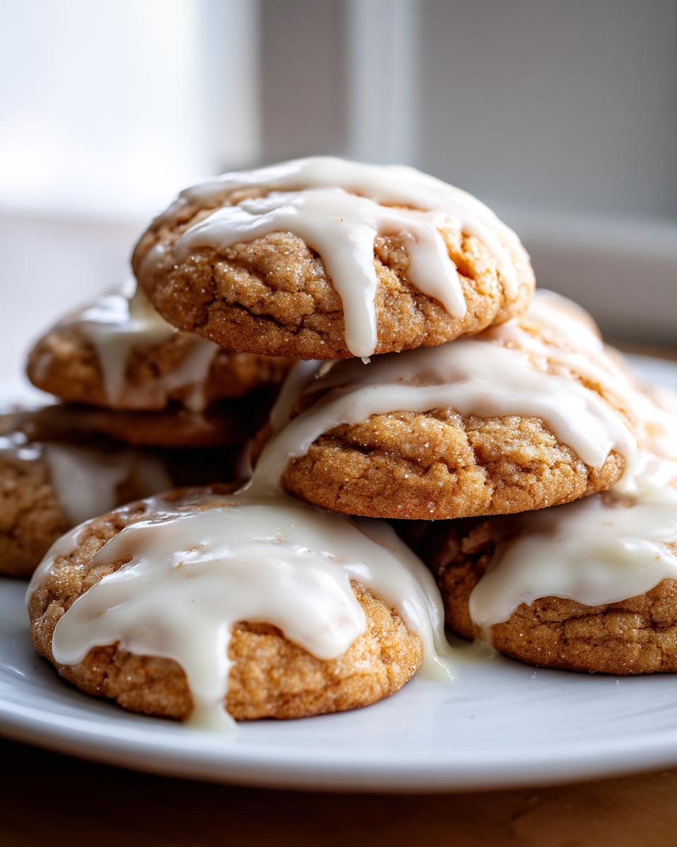 A close-up stack of soft maple brown sugar cookies topped with a thick, dripping white glaze.