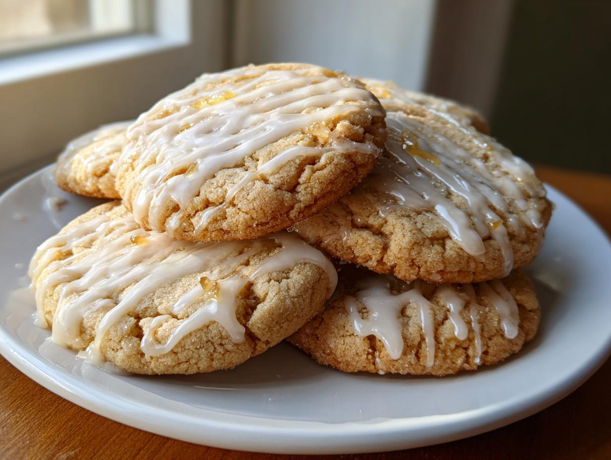 A stack of soft maple brown sugar cookies drizzled with a white glaze, resting on a white plate.