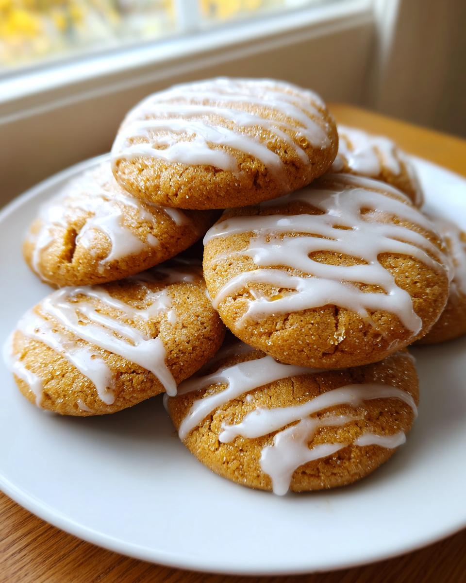 A stack of soft maple brown sugar cookies drizzled with white icing, resting on a white plate.