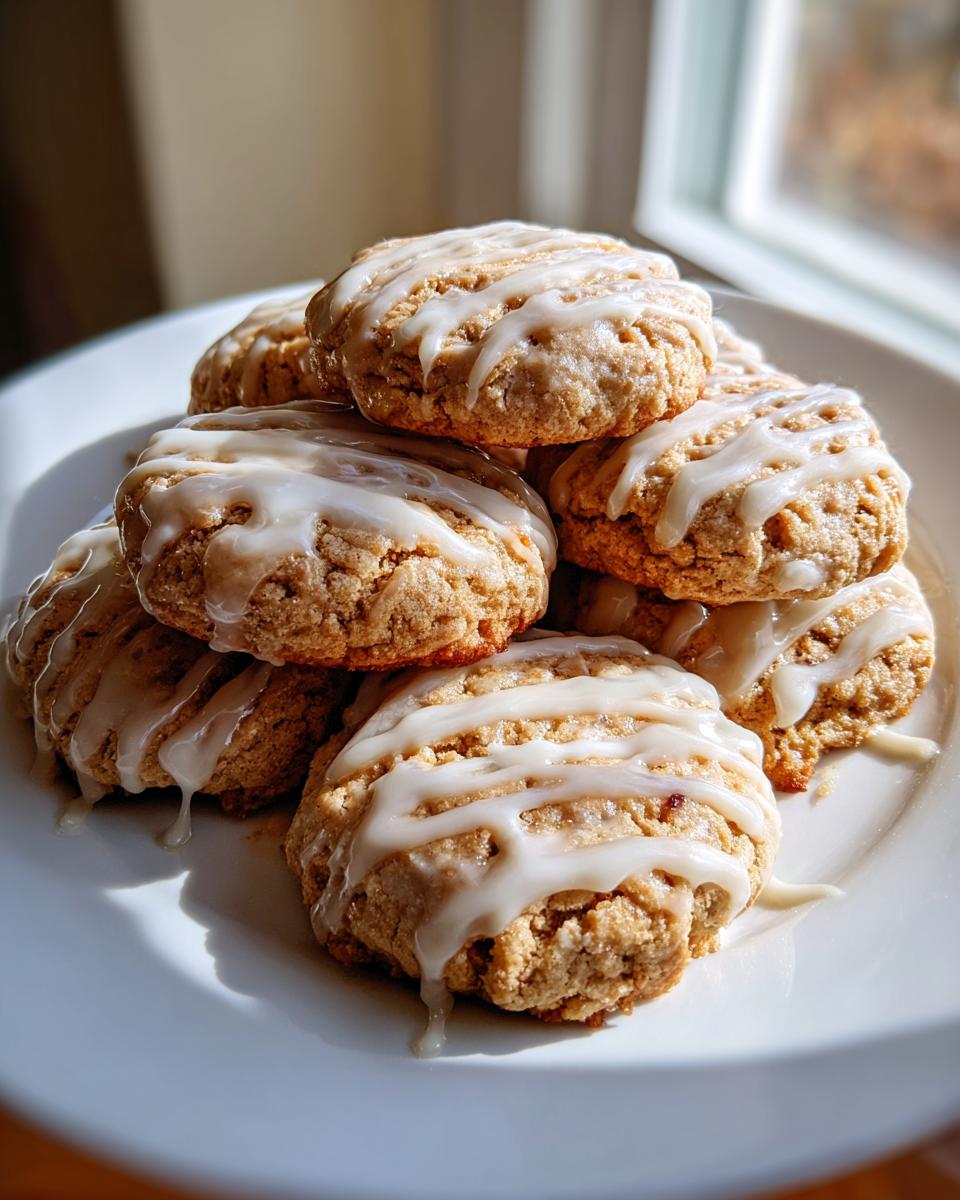 A stack of freshly baked maple brown sugar cookies drizzled generously with white vanilla glaze.