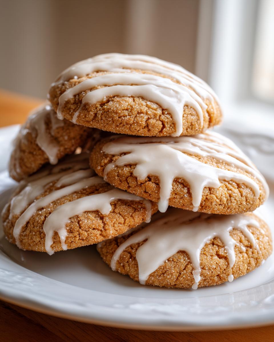 A stack of four soft maple brown sugar cookies generously drizzled with white icing.