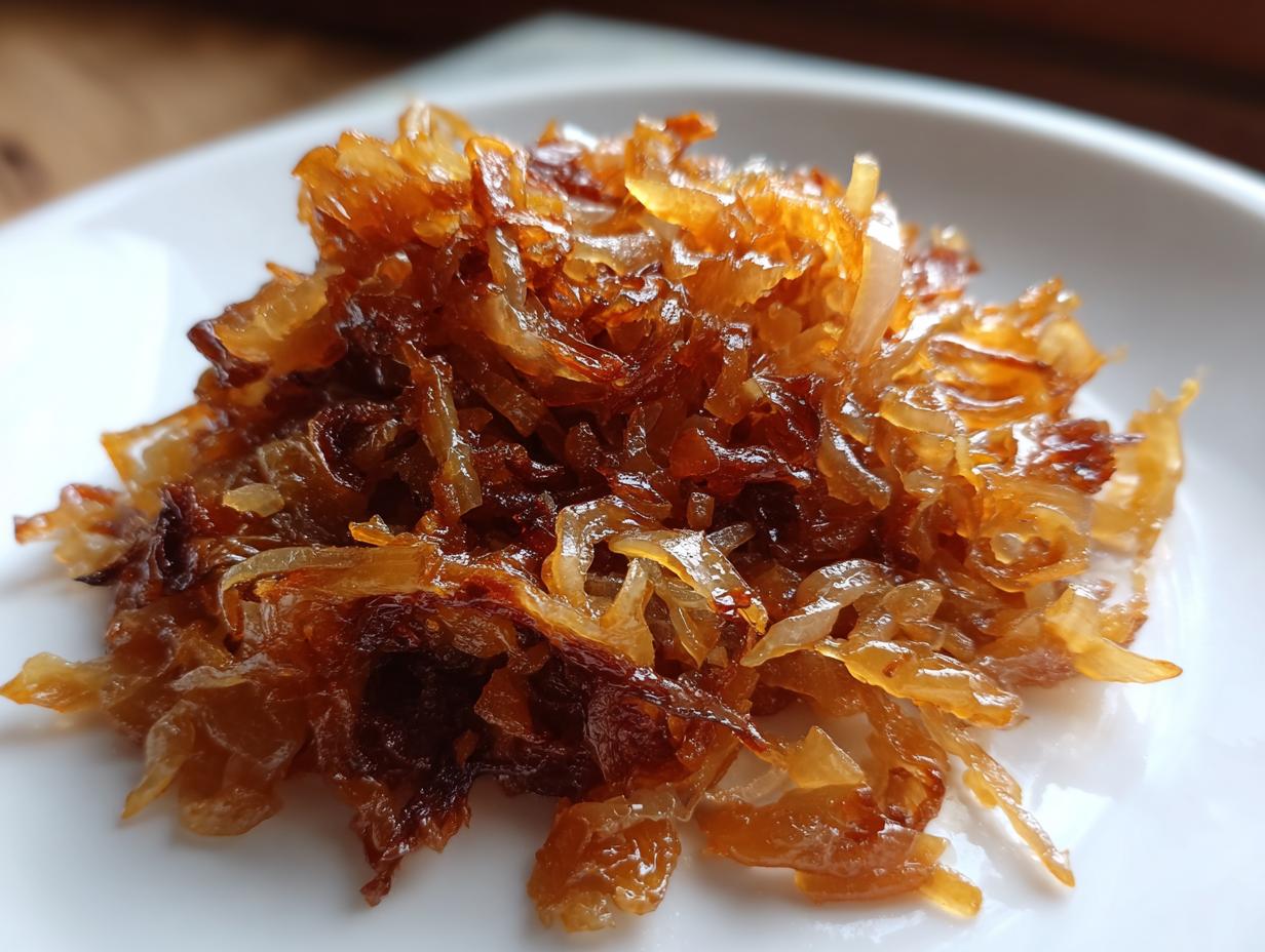 A close-up shot of a small pile of deeply browned, sweet caramelized onions on a white plate.