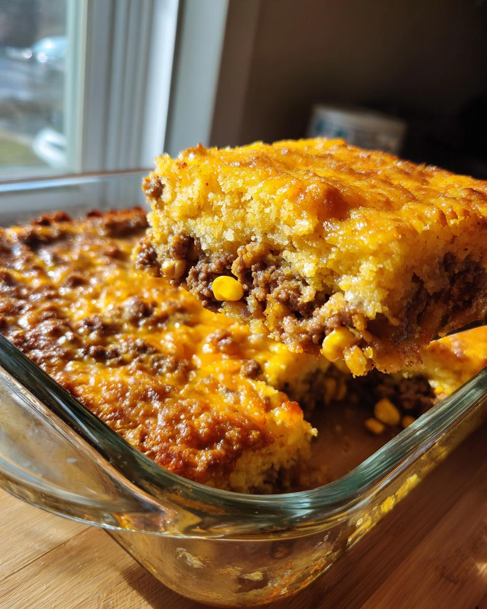 A serving of cheesy Mexican cornbread casserole lifted from a glass baking dish, showing layers of seasoned meat and corn.