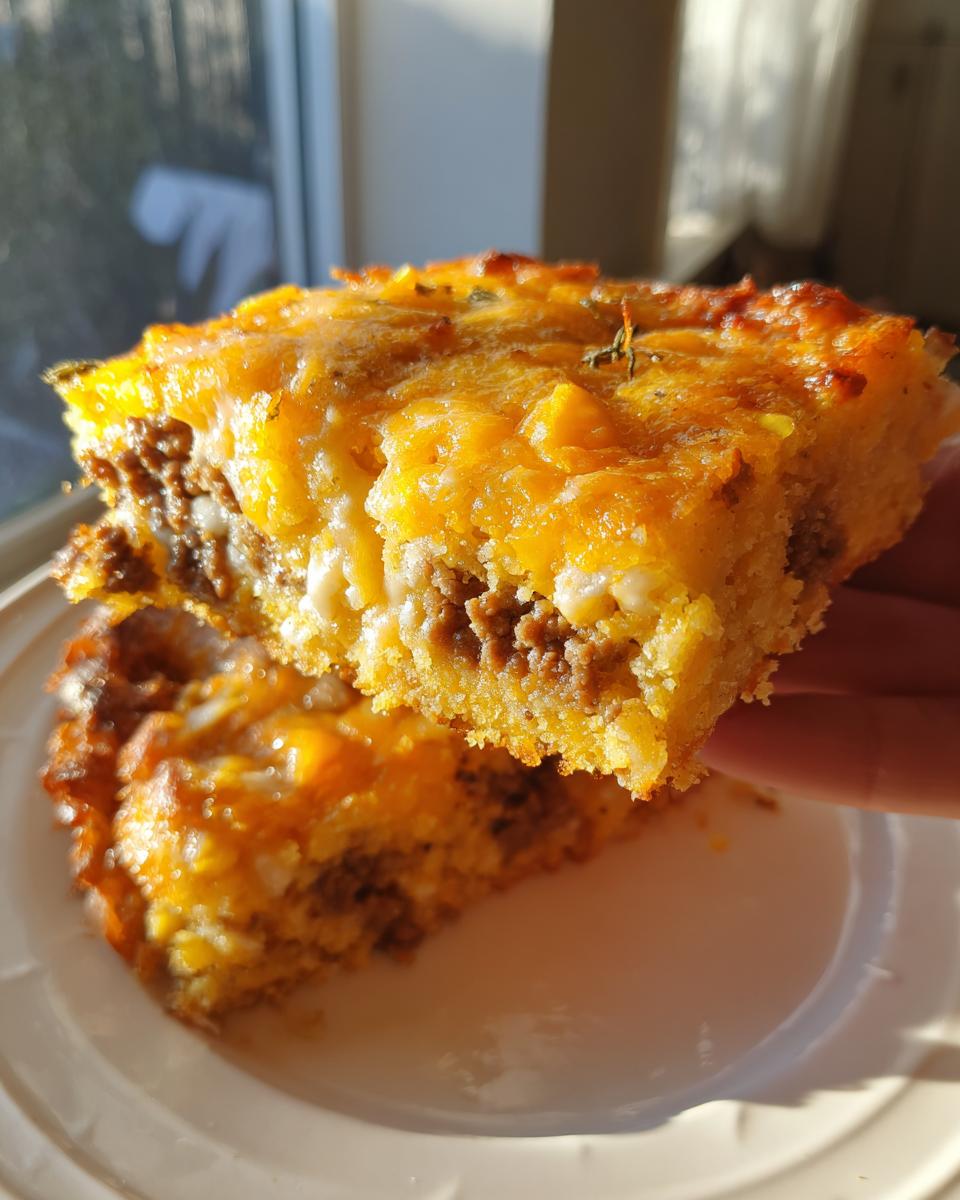 A hand holds up a thick, cheesy slice of Mexican cornbread casserole showing the ground meat filling.