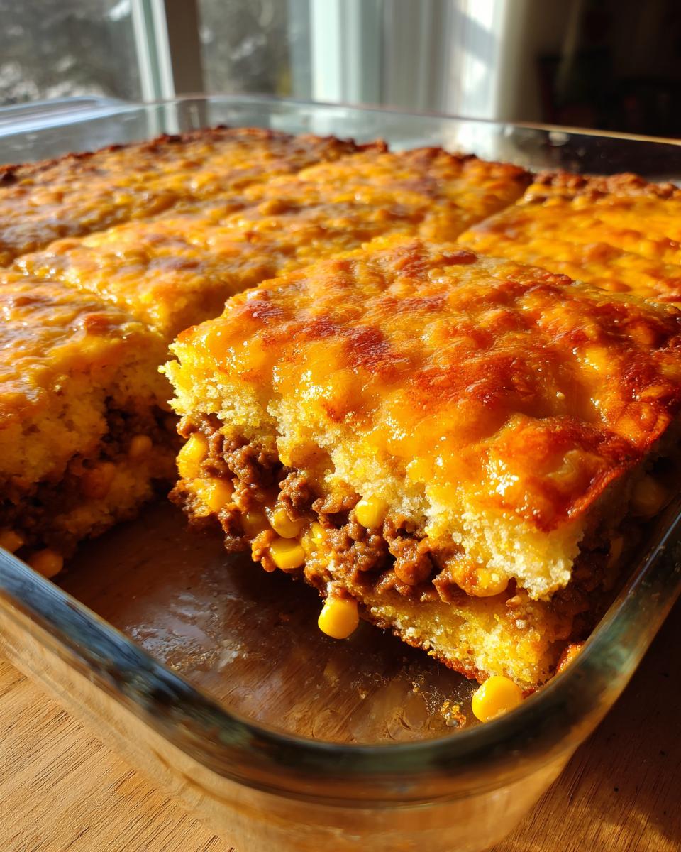 A square slice of Mexican cornbread casserole, showing layers of seasoned ground meat and corn filling topped with melted cheddar cheese.