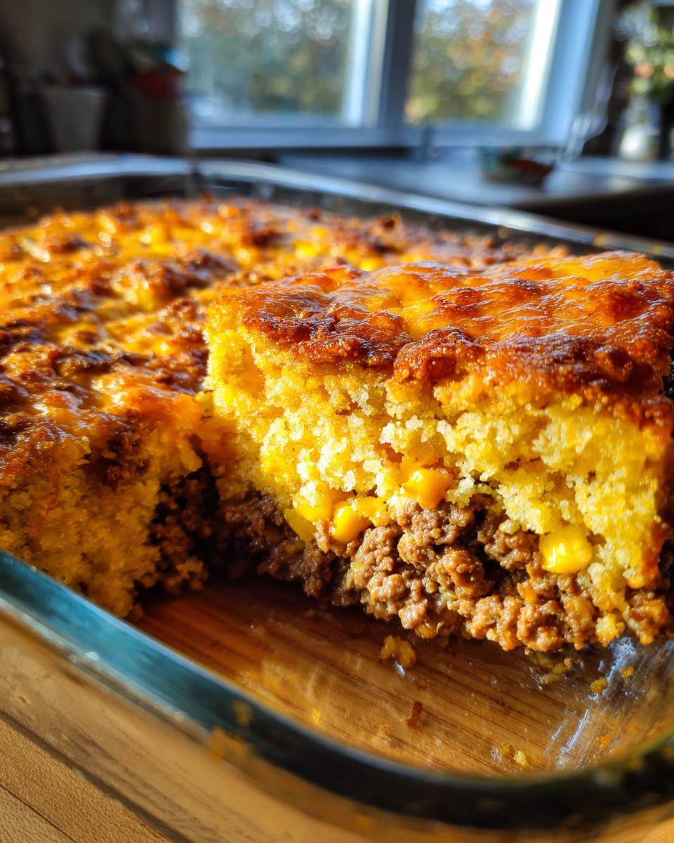 Close-up of a slice being lifted from a baked Mexican cornbread casserole showing the cheesy top and savory ground meat and corn filling.