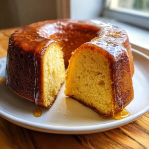 A close-up of a golden Bacardi rum cake in a bundt pan shape, with a slice cut out showing the moist interior and dripping rum glaze.