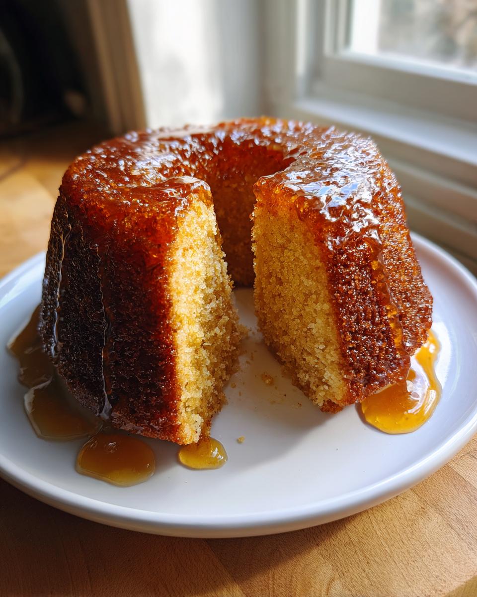 A golden brown Bacardi rum cake with a thick, shiny rum glaze, sitting on a white plate with one slice cut out.