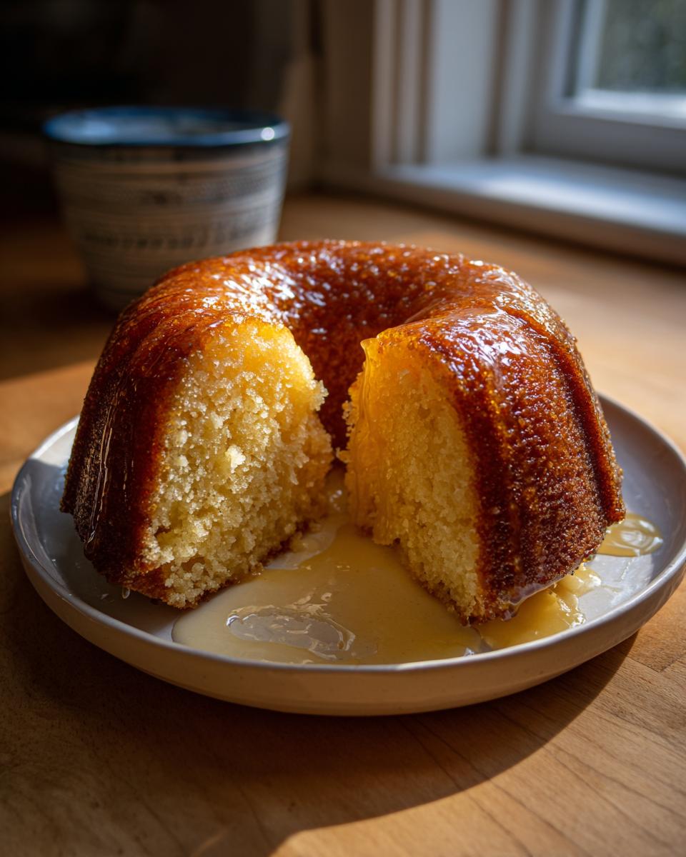 A slice removed from a glistening Bacardi rum cake on a plate, showing the moist interior and pooling glaze.