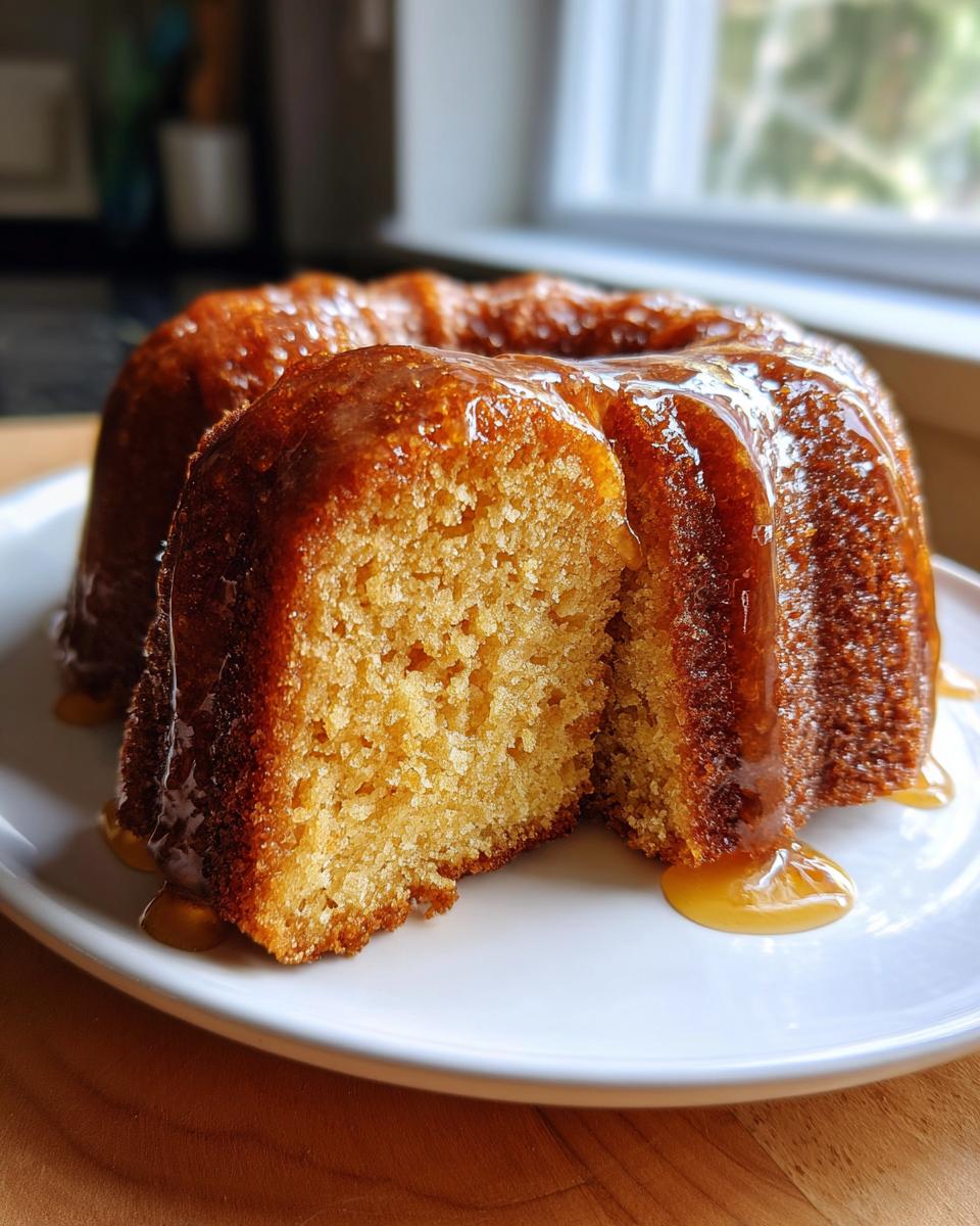 A slice removed from a moist Bacardi Rum Cake, covered in a rich, dripping rum glaze, served on a white plate.
